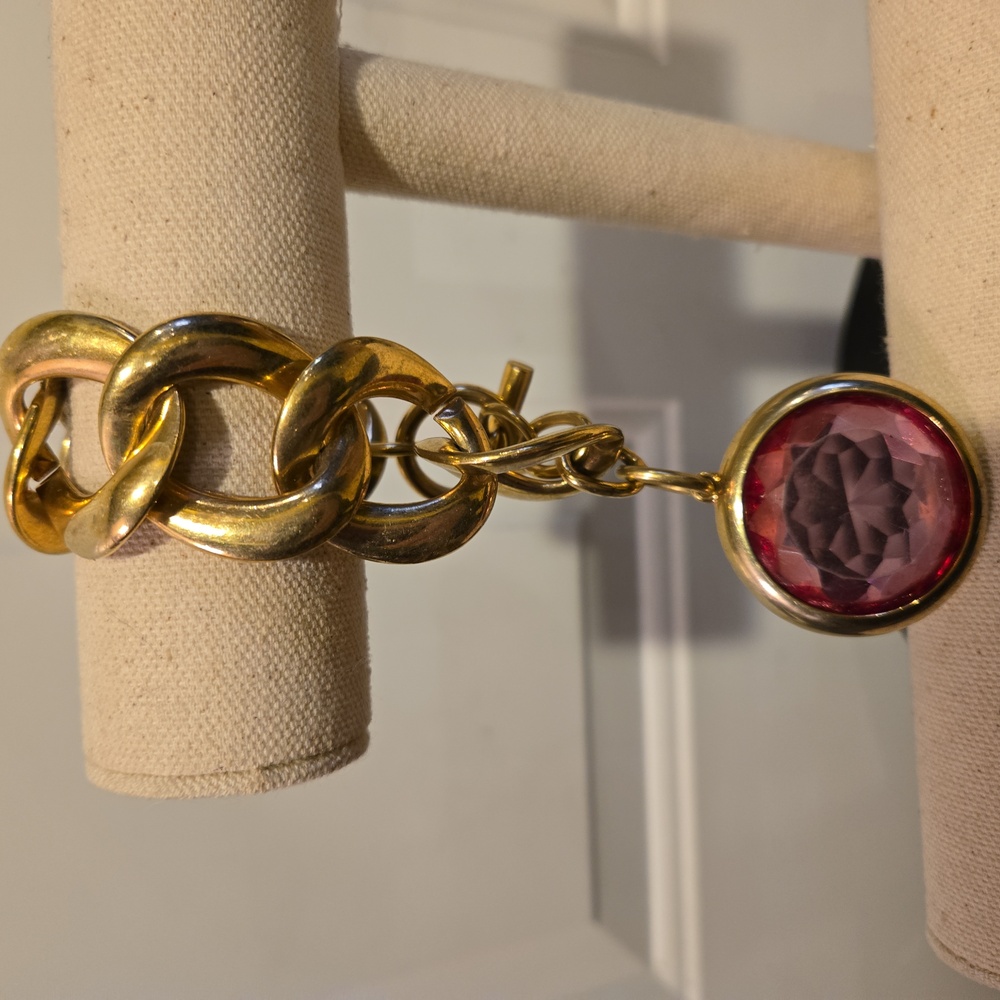 Chunky Gold Tone 7 Link Faux Pink Gem Bracelet 7 3/4" - Picture 2 of 9